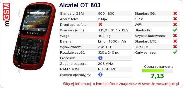 Dane telefonu Alcatel OT 803