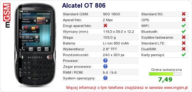 Dane telefonu Alcatel OT 806 Dane telefonu Alcatel OT 806