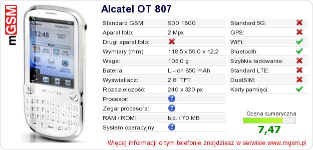 Dane telefonu Alcatel OT 807 Dane telefonu Alcatel OT 807