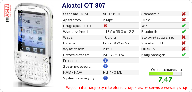 Dane telefonu Alcatel OT 807