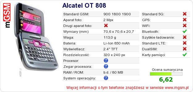 Dane telefonu Alcatel OT 808