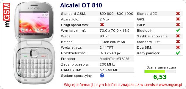 Dane telefonu Alcatel OT 810