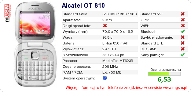 Dane telefonu Alcatel OT 810 Dane telefonu Alcatel OT 810