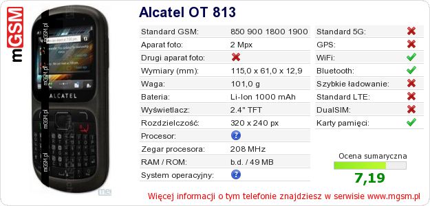 Dane telefonu Alcatel OT 813