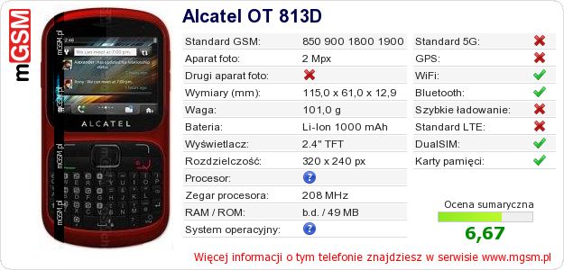 Dane telefonu Alcatel OT 813D Dane telefonu Alcatel OT 813D
