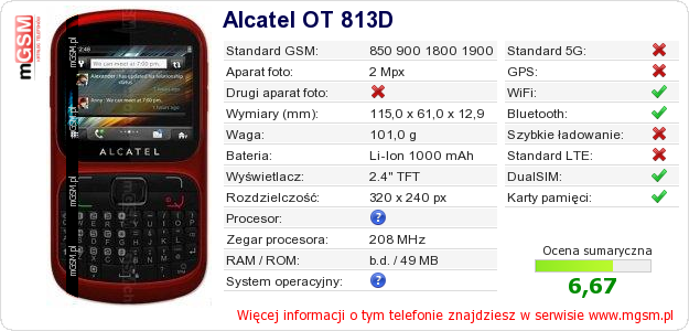 Dane telefonu Alcatel OT 813D
