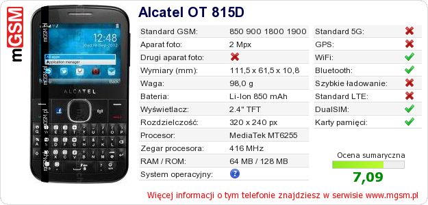 Dane telefonu Alcatel OT 815D Dane telefonu Alcatel OT 815D
