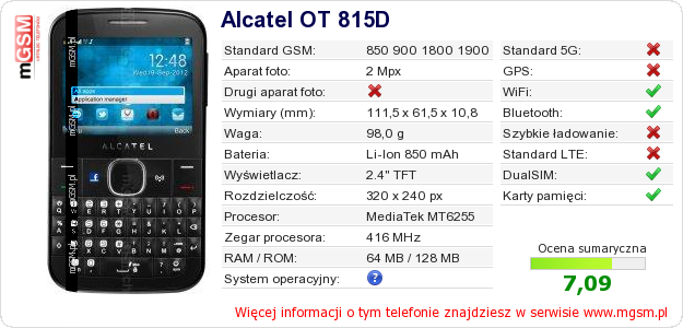 Dane telefonu Alcatel OT 815D