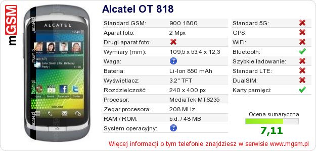 Dane telefonu Alcatel OT 818 Dane telefonu Alcatel OT 818