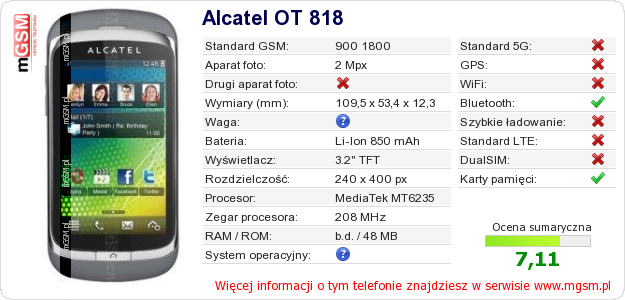 Dane telefonu Alcatel OT 818