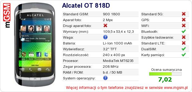 Dane telefonu Alcatel OT 818D Dane telefonu Alcatel OT 818D