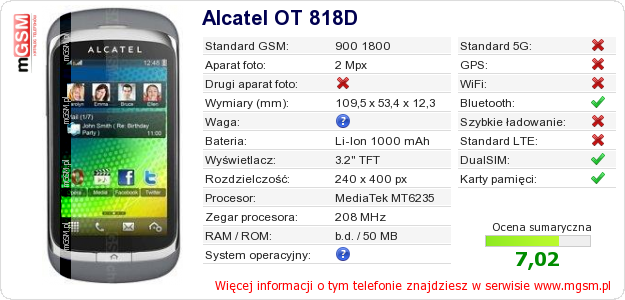 Dane telefonu Alcatel OT 818D Dane telefonu Alcatel OT 818D
