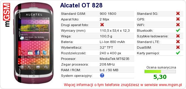 Dane telefonu Alcatel OT 828