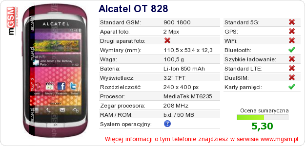 Dane telefonu Alcatel OT 828