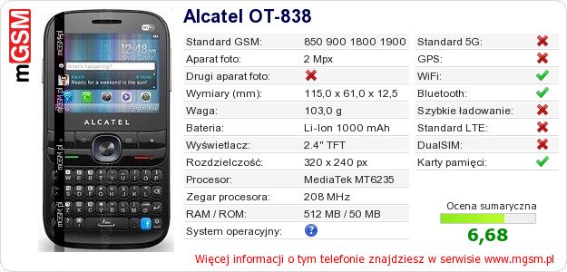 Dane telefonu Alcatel OT-838