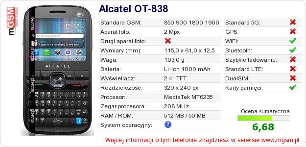 Dane telefonu Alcatel OT-838