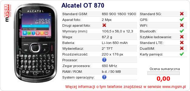 Dane telefonu Alcatel OT 870 Dane telefonu Alcatel OT 870