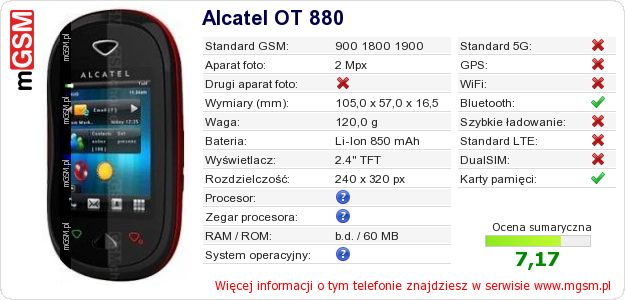 Dane telefonu Alcatel OT 880 Dane telefonu Alcatel OT 880