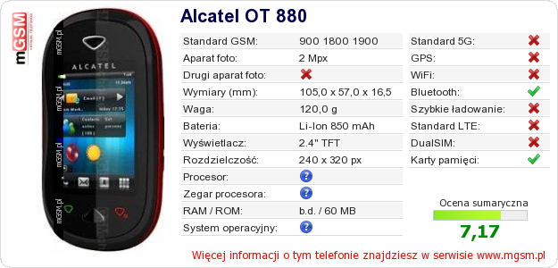 Dane telefonu Alcatel OT 880
