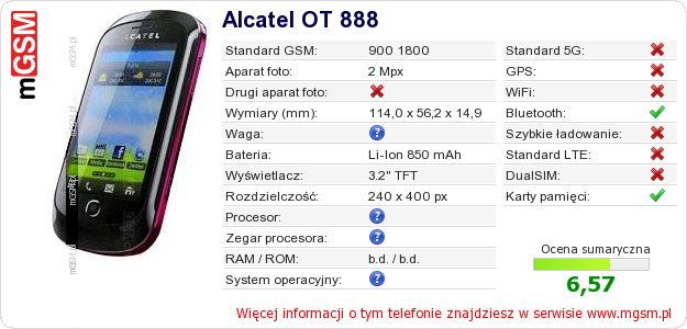 Dane telefonu Alcatel OT 888 Dane telefonu Alcatel OT 888