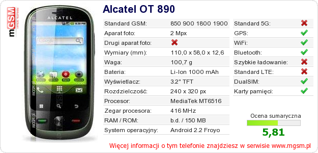 Dane telefonu Alcatel OT 890 Dane telefonu Alcatel OT 890
