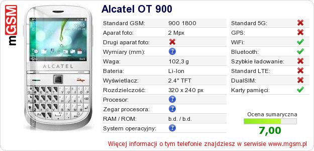 Dane telefonu Alcatel OT 900 Dane telefonu Alcatel OT 900