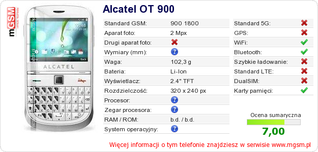 Dane telefonu Alcatel OT 900