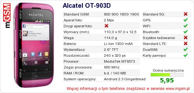 Dane telefonu Alcatel OT-903D
