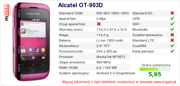 Dane telefonu Alcatel OT-903D