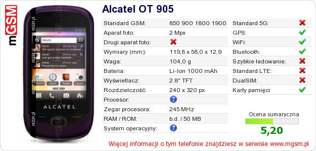 Dane telefonu Alcatel OT 905 Dane telefonu Alcatel OT 905