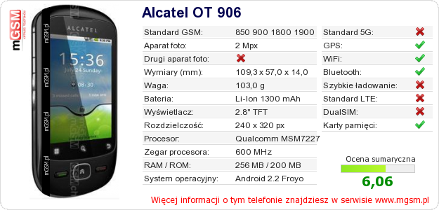 Dane telefonu Alcatel OT 906