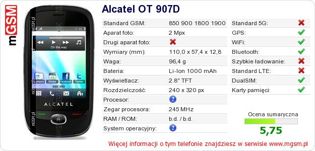 Dane telefonu Alcatel OT 907D Dane telefonu Alcatel OT 907D
