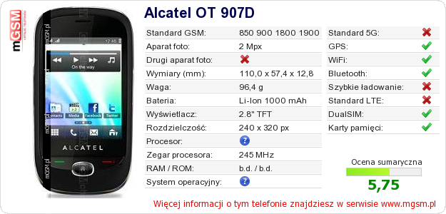 Dane telefonu Alcatel OT 907D