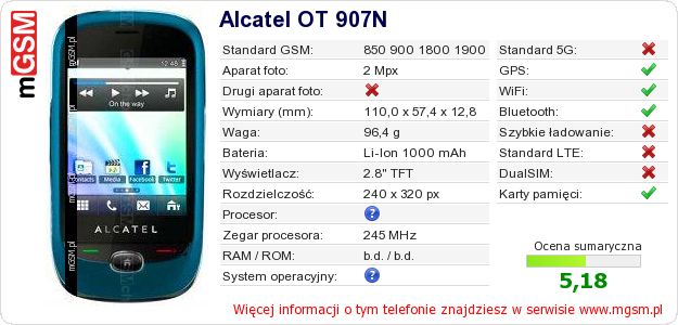 Dane telefonu Alcatel OT 907N