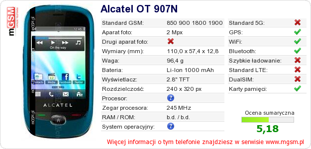 Dane telefonu Alcatel OT 907N