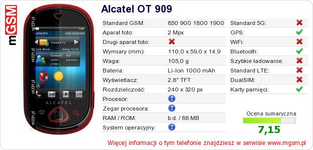Dane telefonu Alcatel OT 909