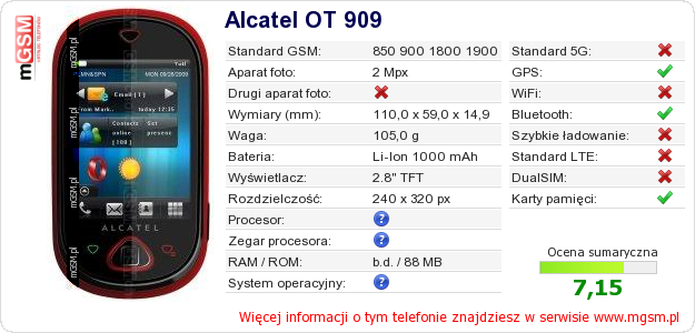 Dane telefonu Alcatel OT 909