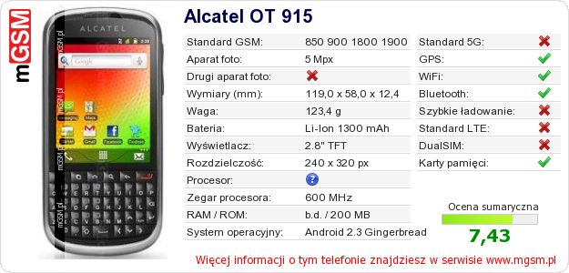 Dane telefonu Alcatel OT 915 Dane telefonu Alcatel OT 915