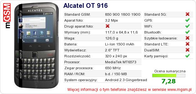 Dane telefonu Alcatel OT 916