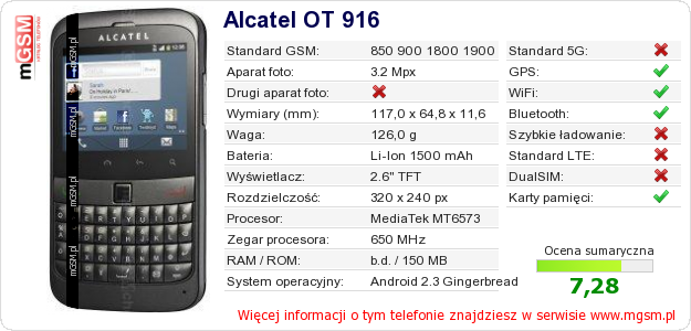 Dane telefonu Alcatel OT 916