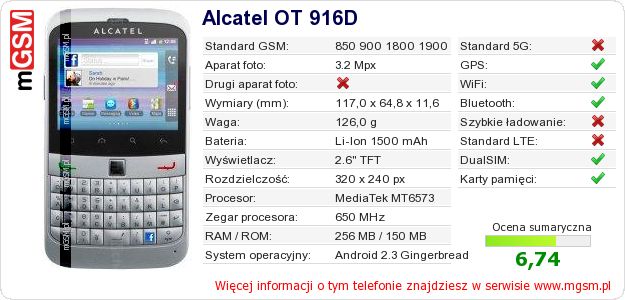 Dane telefonu Alcatel OT 916D Dane telefonu Alcatel OT 916D