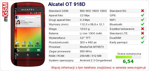 Dane telefonu Alcatel OT 918D Dane telefonu Alcatel OT 918D