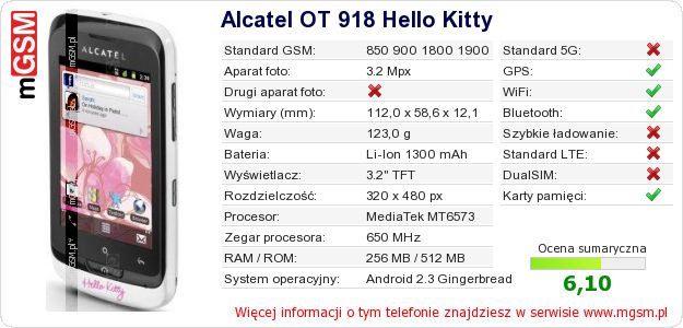 Dane telefonu Alcatel OT 918 Hello Kitty
