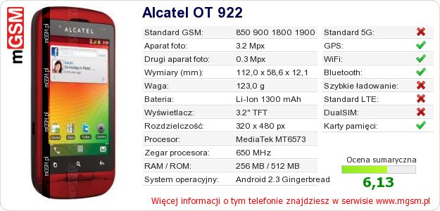 Dane telefonu Alcatel OT 922 Dane telefonu Alcatel OT 922