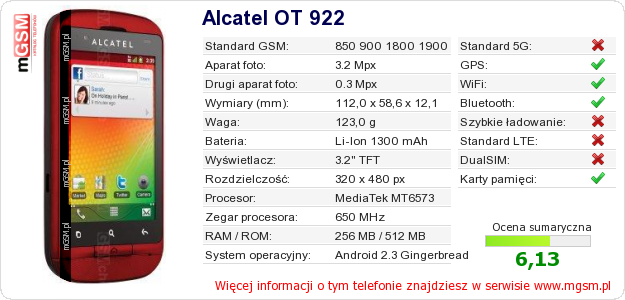 Dane telefonu Alcatel OT 922