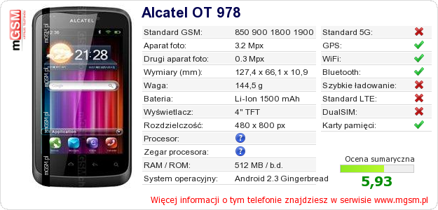 Dane telefonu Alcatel OT 978