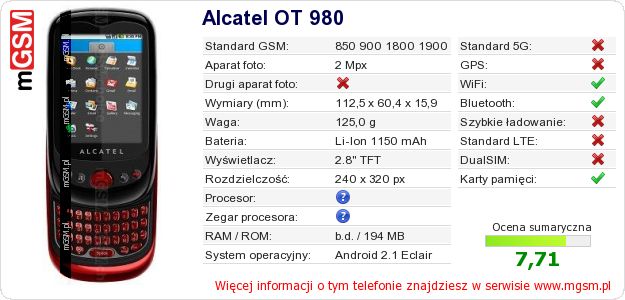Dane telefonu Alcatel OT 980