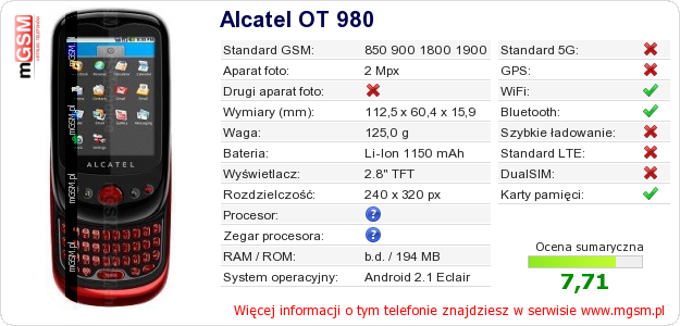 Dane telefonu Alcatel OT 980