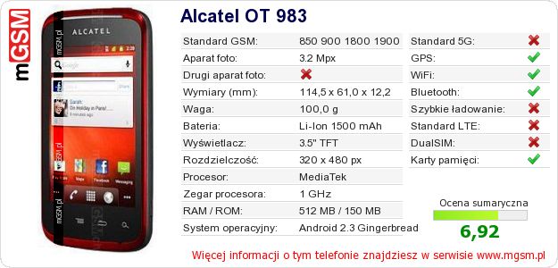 Dane telefonu Alcatel OT 983 Dane telefonu Alcatel OT 983
