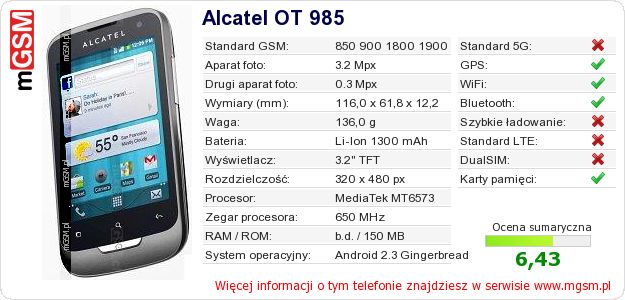 Dane telefonu Alcatel OT 985 Dane telefonu Alcatel OT 985